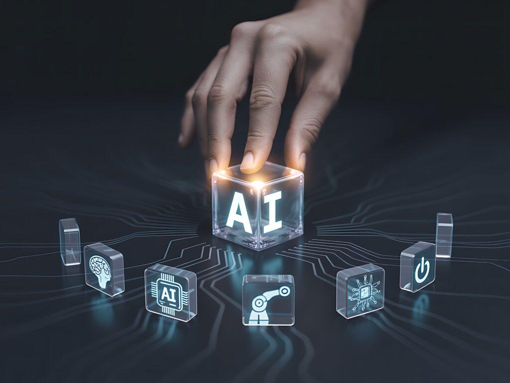Hand aktiviert KI Lösungen mit digitalem AI-Würfel und vernetzten Symbolen für smarte Technologien